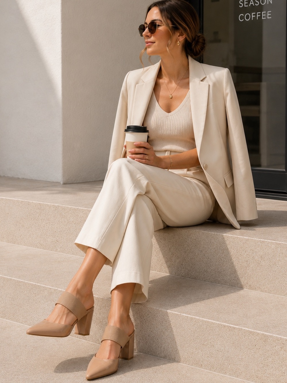 Nude Patent Pointed Toe Block Heel Mules Elastic Strap Size 38 Chic